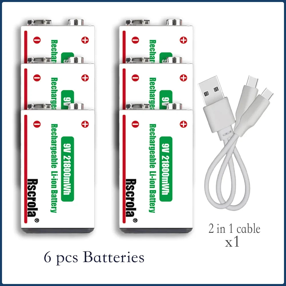 9V Lithium ion Rechargeable Battery 21800mWh High Capacity Long-Lasting for Guitar Microphone Smoke Detector Pedal with Cable Oasis Select 6 pcs 9v Battery 9v
