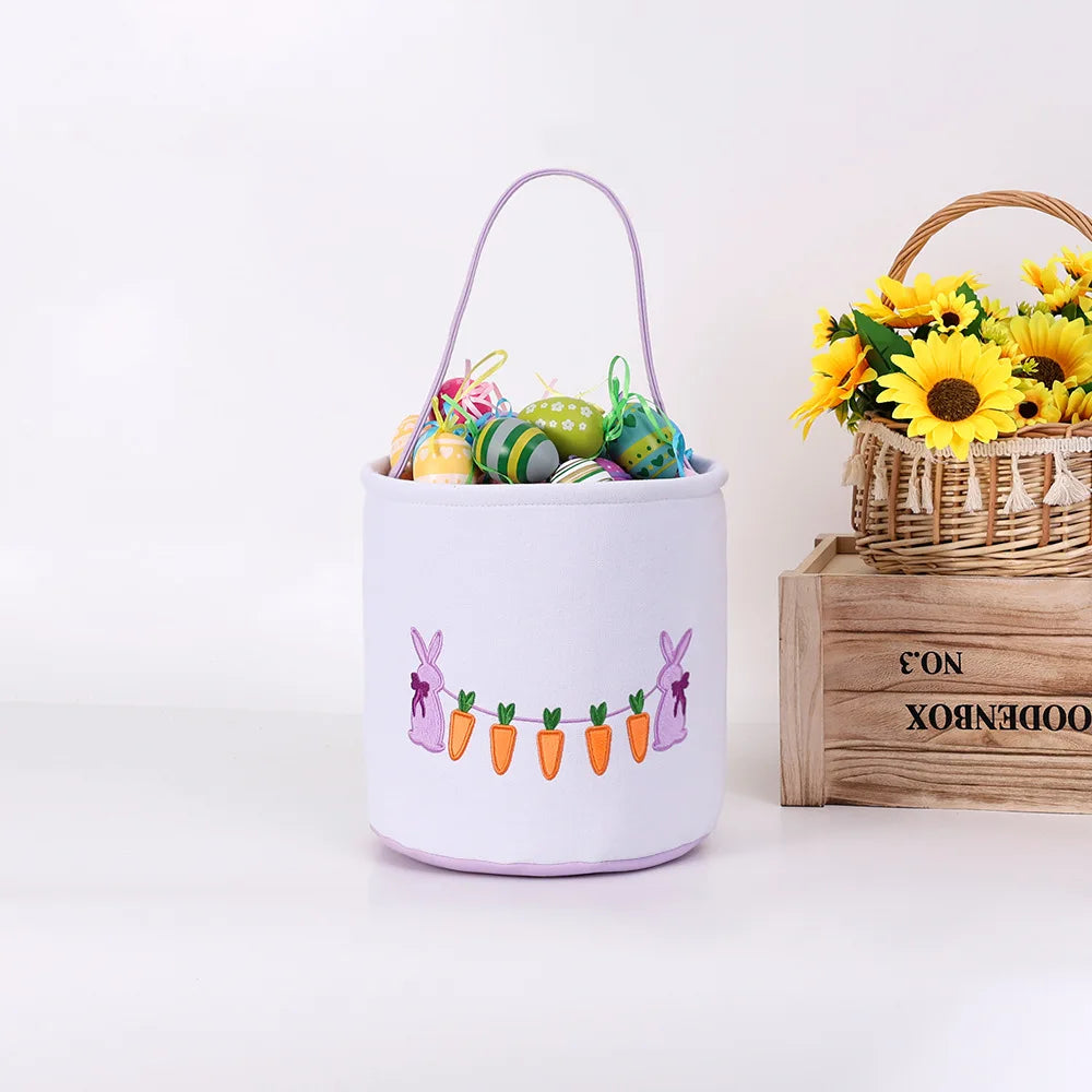 Easter Egg Handheld Storage Basket, Canvas Easter Bunny Bags Eggs Hunting Carry and Candy Gift Bag Rabbit Print for Easter Party Oasis Select Purple Other