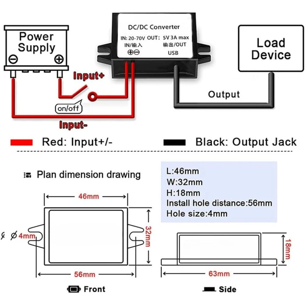 DC/DC 20-72V To 5V 3A 15W USB Output Converter Step-Down Module Waterproof Transformer For LED Light GPS Navigation Device MP3 Oasis Select