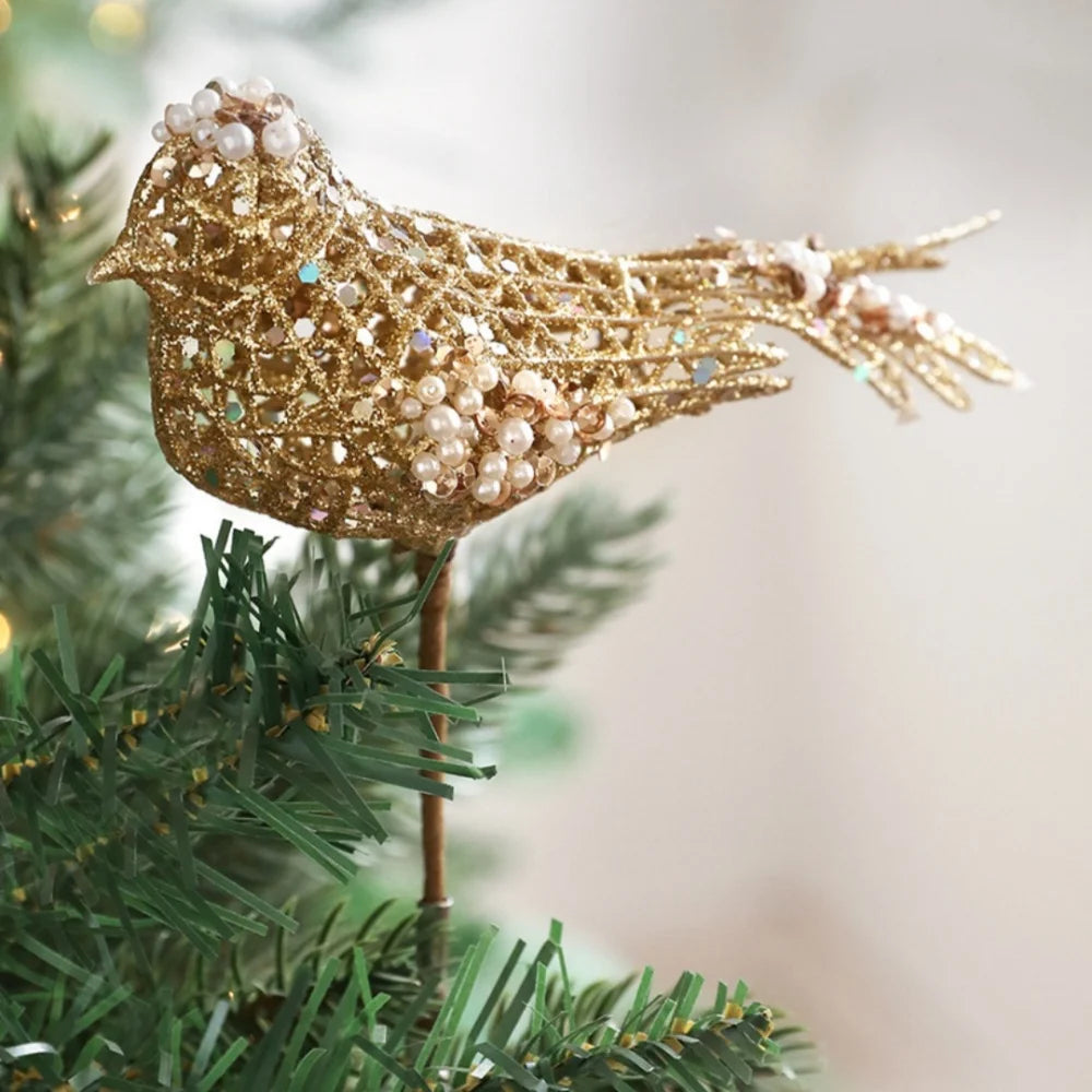 Hollow Bird Christmas Tree Decoration Sparkling Glitter Artificial Bird Ornaments Holiday New Year Party Christmas Decoration Oasis Select
