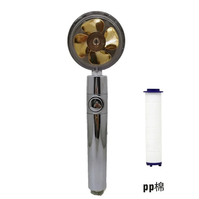 New Propeller Driven Fan Shower Head with Stop Button and Cotton Filter Turbocharged High Pressure Handheld Shower Nozzle Oasis Select Gold with filter