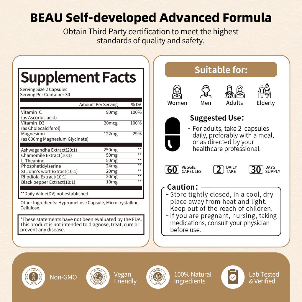 BBEEAAUU Men's&Women's Cortisol Supplements Management Agent Detox Low High Cortisol Levels,Relaxation&Nighttime Support,Non GMO Oasis Select