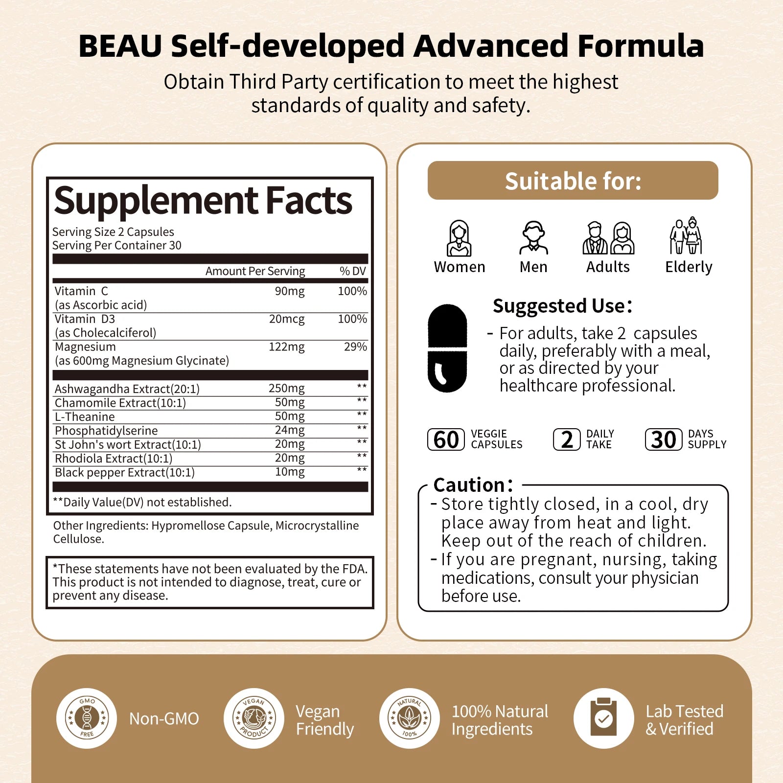 BBEEAAUU Men's&Women's Cortisol Supplements Management Agent Detox Low High Cortisol Levels,Relaxation&Nighttime Support,Non GMO Oasis Select