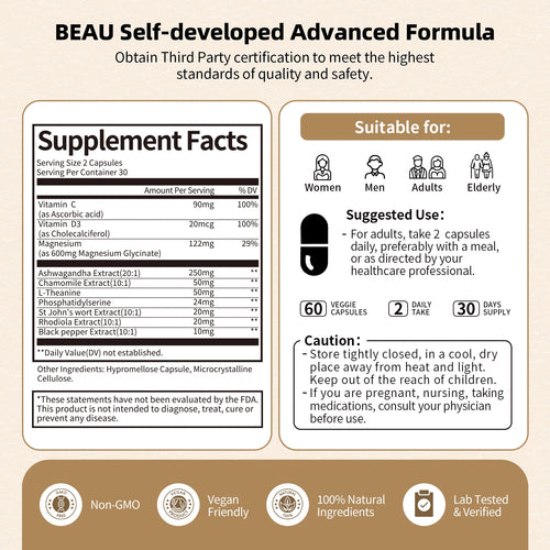BBEEAAUU Men's&Women's Cortisol Supplements Management Agent Detox Low High Cortisol Levels,Relaxation&Nighttime Support,Non GMO Oasis Select