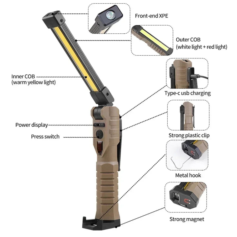 USB Rechargeable LED Work Light 1000 Lumens COB Lantern with Power Capacity Indicator Handled Flashlight for Outdoor Car Repair Oasis Select