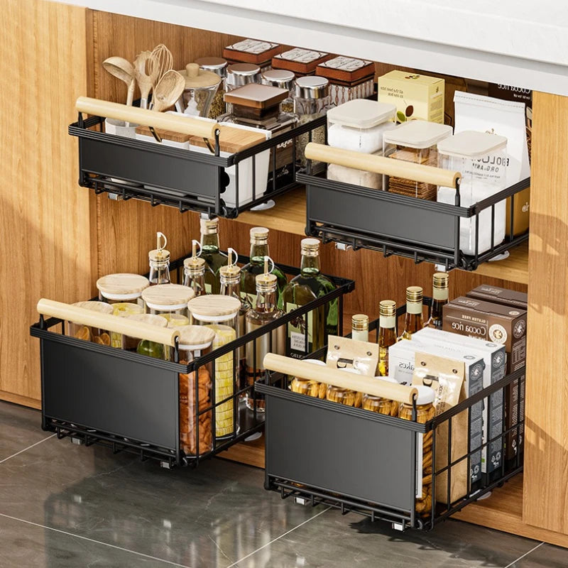 Kitchen Lower Sink Shelf Drawer Pull Basket Snack Storage Basket Striped Foldable Cabinet Pull-up Shelf Oasis Select