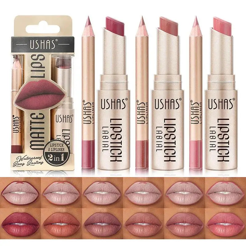 USHAS 12-Color Matte Lipstick & Lip Liner Set – Long-Lasting