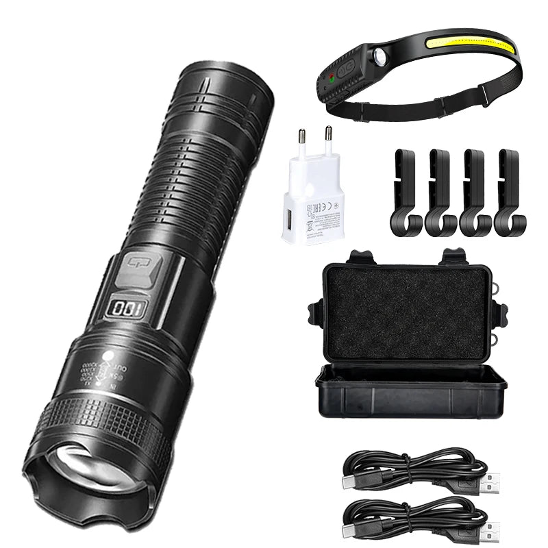 High Strong Power Led Flashlights 2000LM Tactical Torch with Display Light USB Charging Camping Fishing Emergency Zoom Lantern Oasis Select Package List B ZOOM