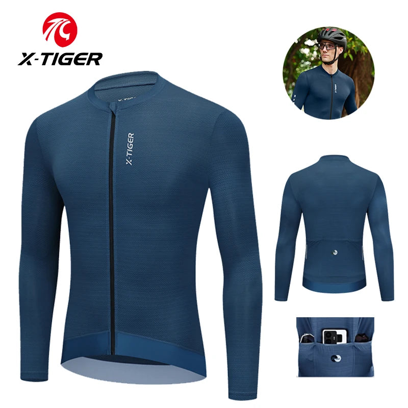 X-TIGER Men's Cycling Jersey Autumn Three Pocket Reflective Cycling Jacket Sport Mountain Bike Shirt Ciclismo Long Sleeve Oasis Select