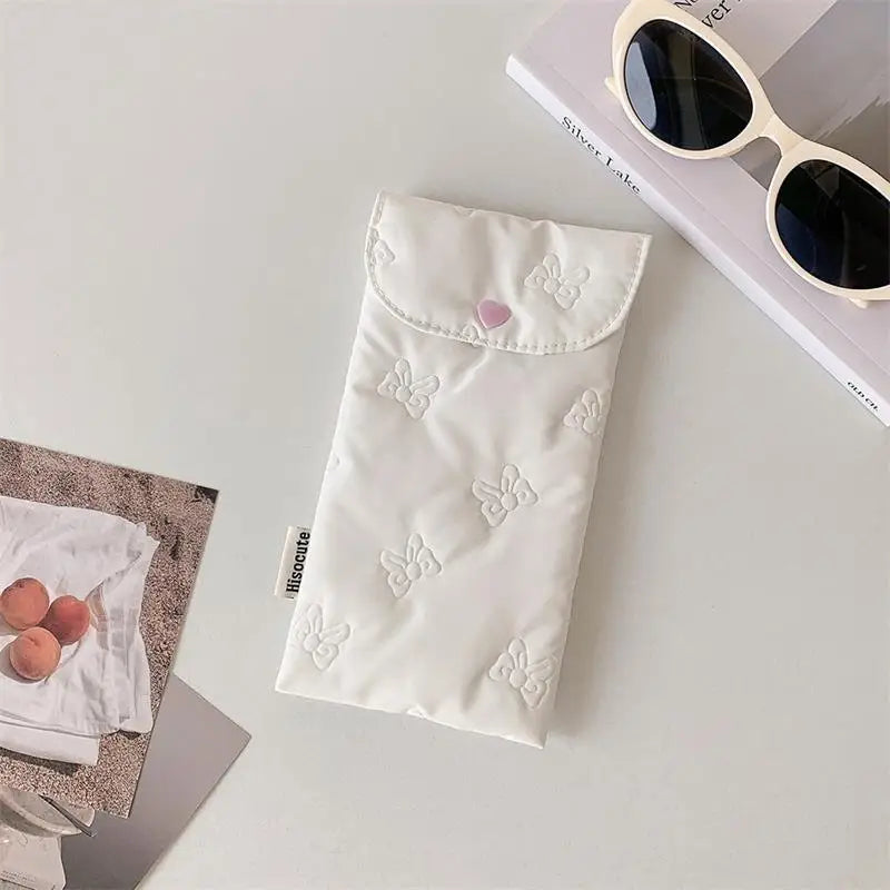 INS Style Bow Embossed Pencil Case Student Stationery Storage Bag Pencil Bag Portable Sunglasses Storage Bag Oasis Select White
