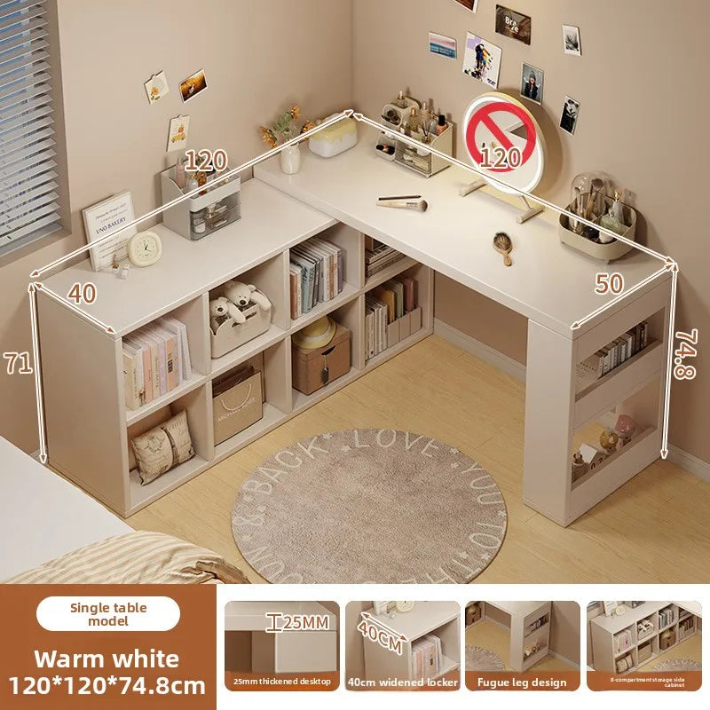 Computer desk corner bookshelf integrated desk girls bedroom L-shaped desk retractable end table Oasis Select 8-White 120CM