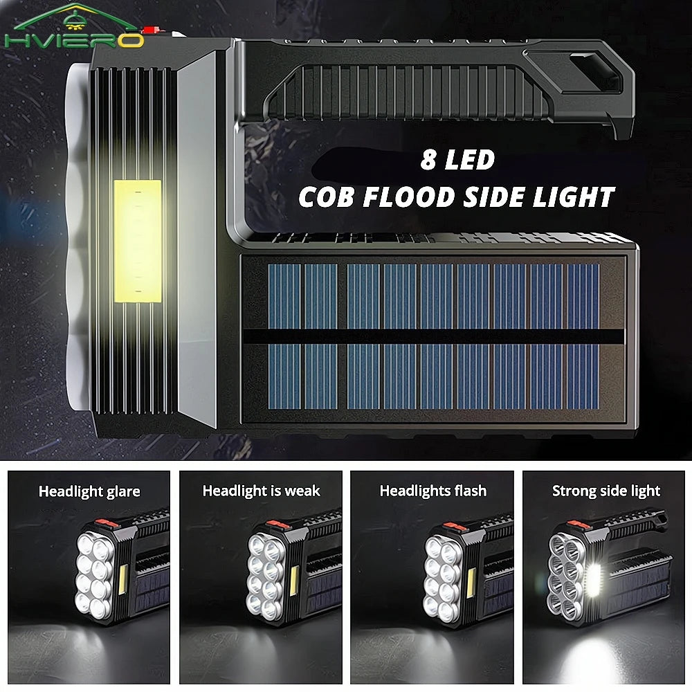 Solar LED Flashlight 8LED+COB Waterproof USB Rechargeable