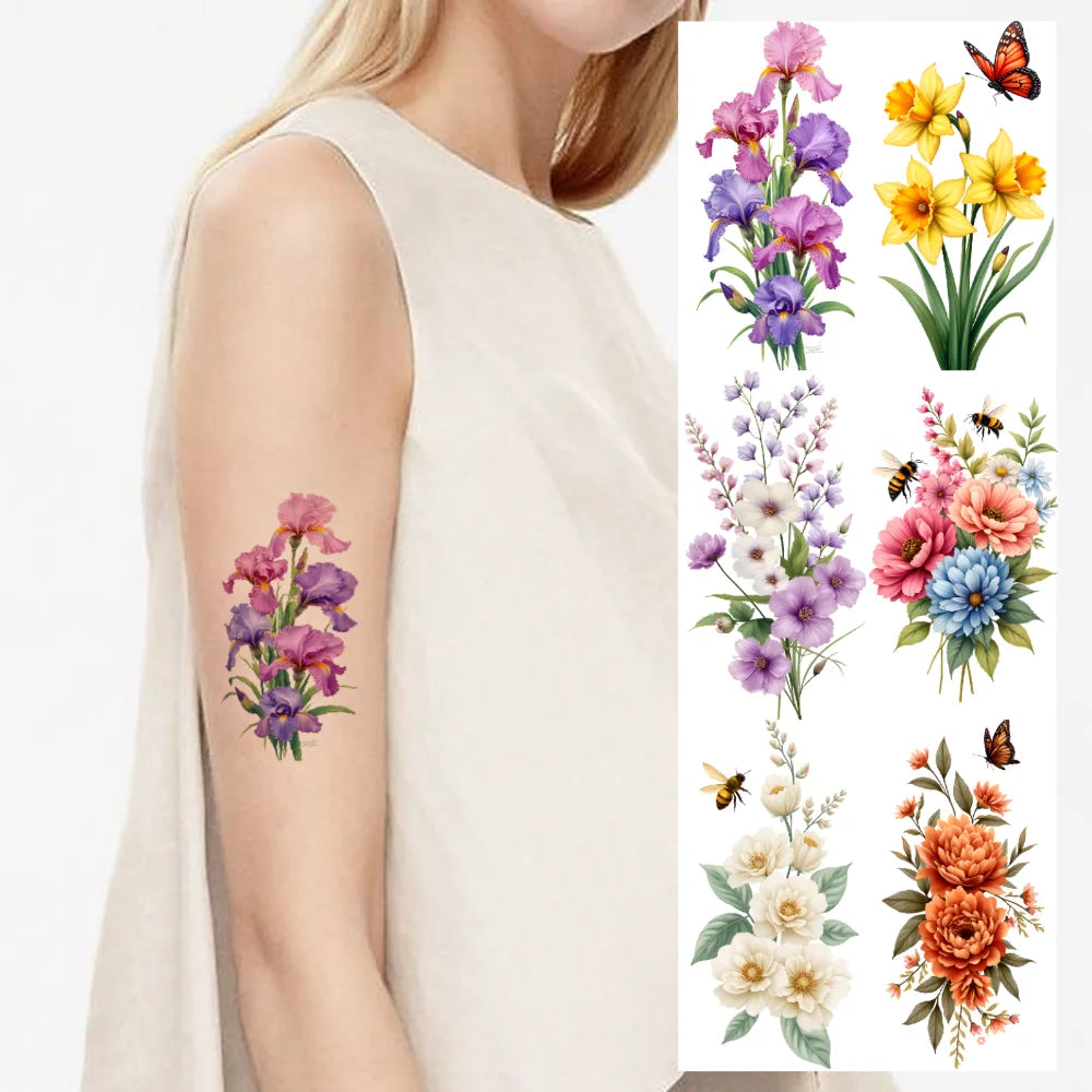 9-Pack Floral Temporary Tattoos – Rose, Lily & Harp Designs