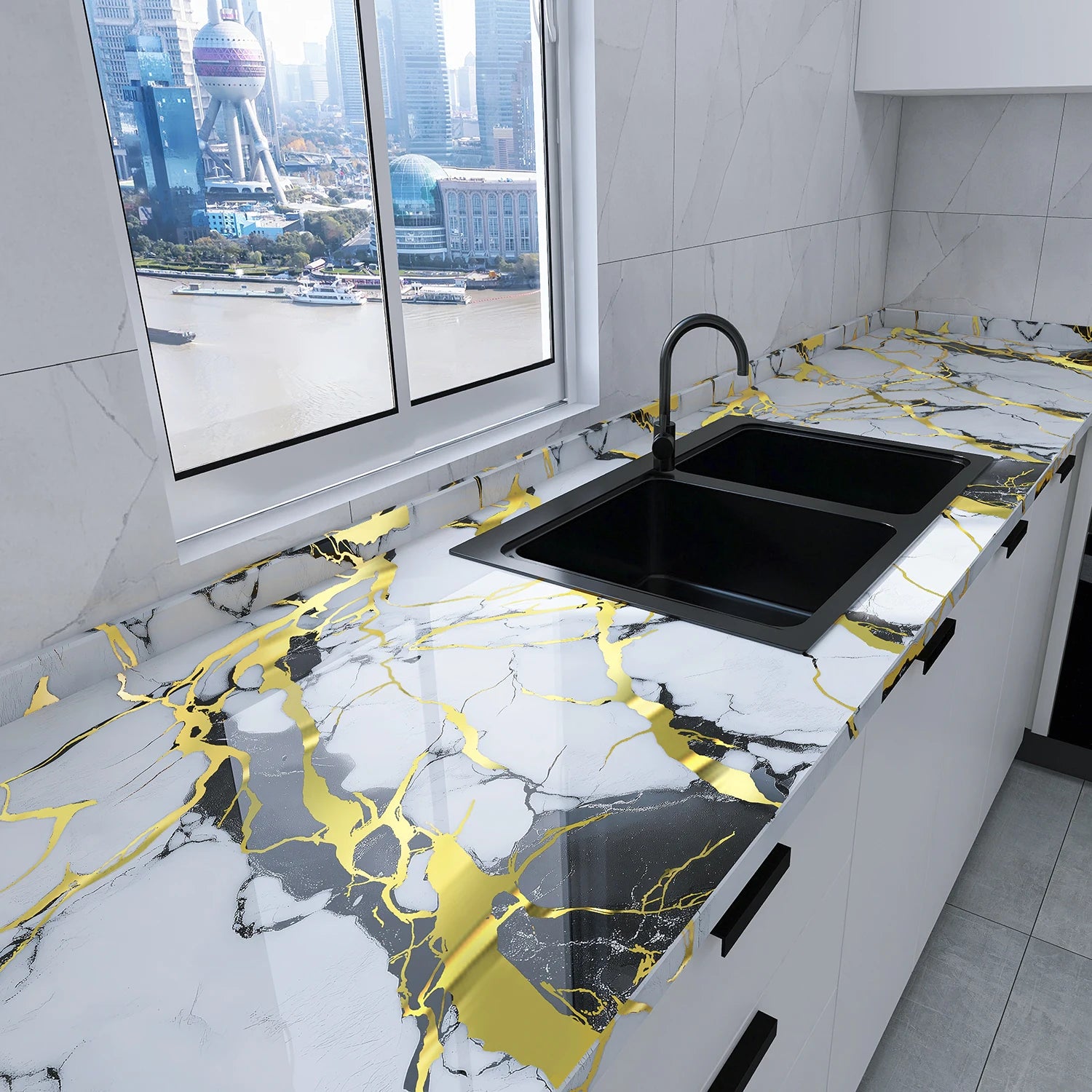 Self-Adhesive Hot-Pressed Marble-Patterned PVC Oil-Proof Stickers Suitable For Kitchen Walls And Decorative Background Walls. Oasis Select yaoshitangjin 40cmX3m