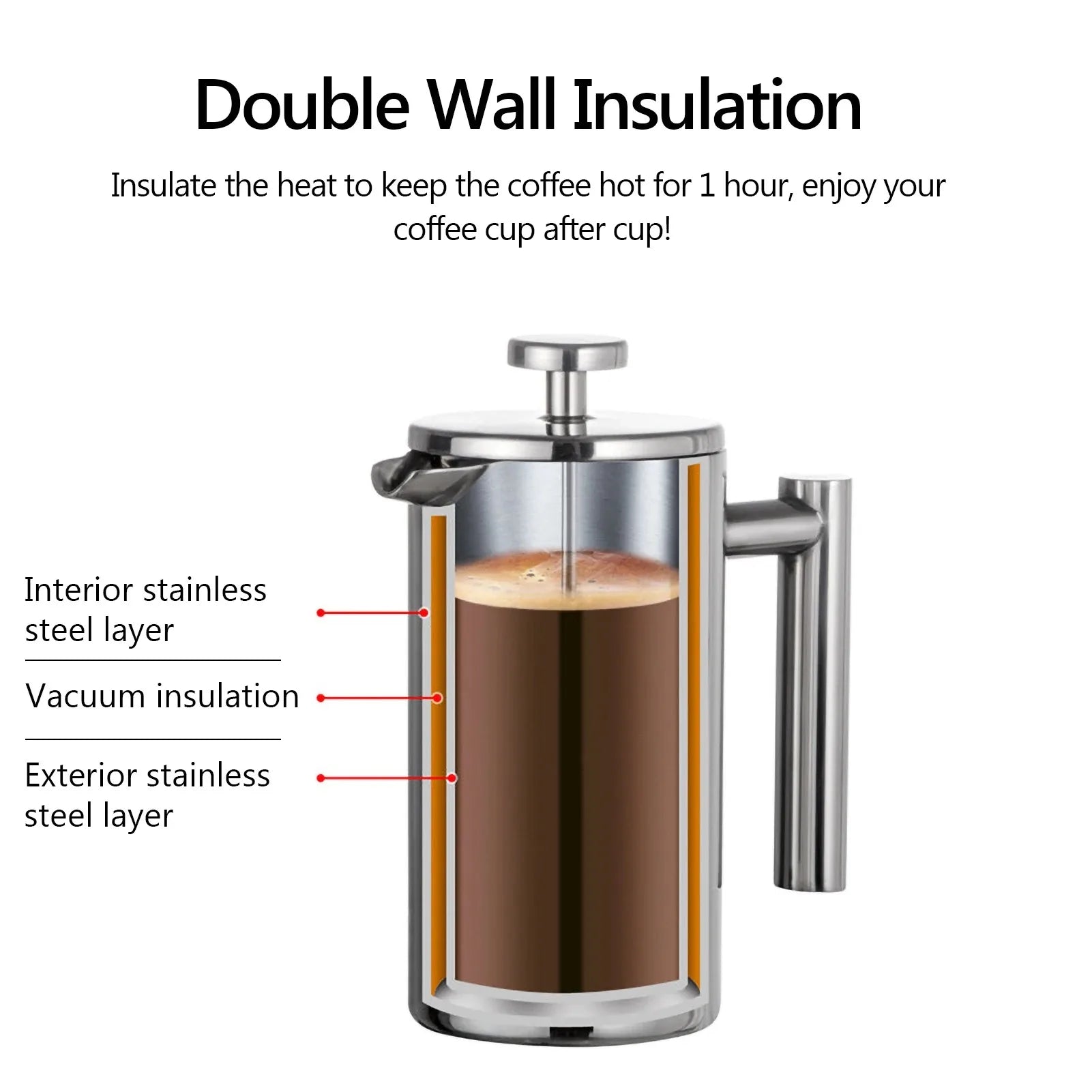 350ml/800ml/1000ml Coffee Maker Pot French Press Coffee Maker Stainless Steel Double Walled Insulated Coffee Maker Pot Oasis Select