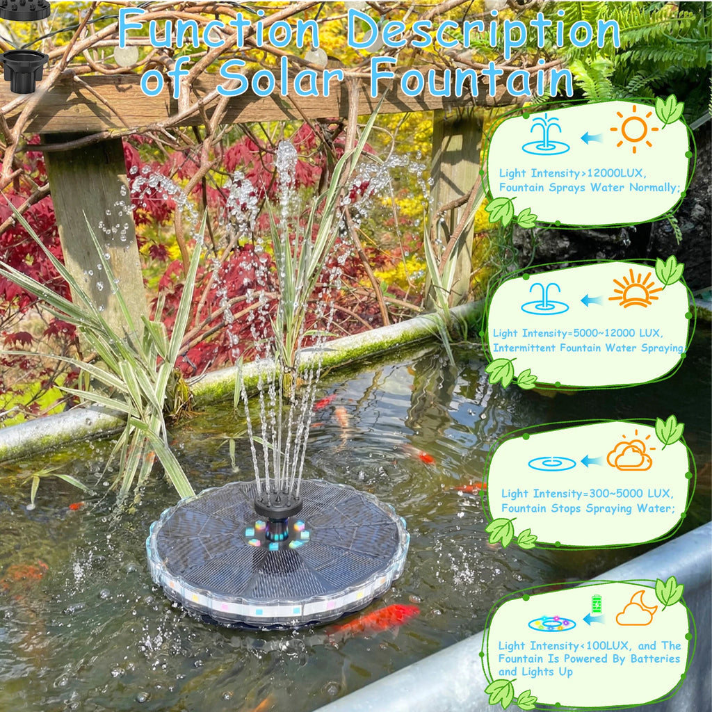 3.5W Solar Fountain 1800mAh Battery Solar Water Pump with Colorful LED Lights&8 Nozzles Suitable for Bird Bath Garden Pond Oasis Select