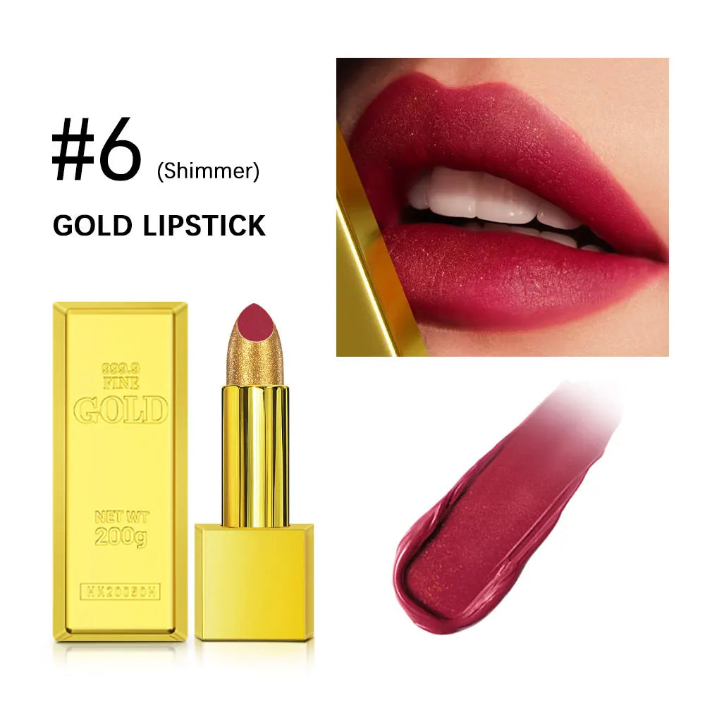 Shimmer Gold Lipstick Metallic Glitter Sexy Lipsticks Long Lasting Batom Waterproof Cosmetic Gold Brick Tube Design Gift 3.5g Oasis Select color 6