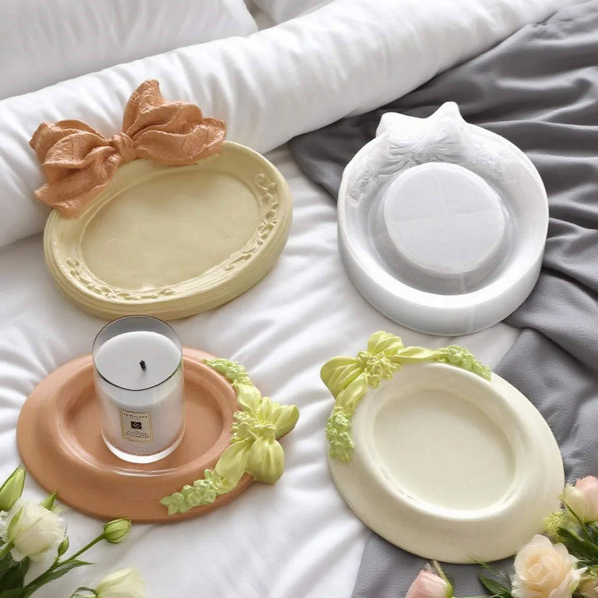 Mould DIY Round Bow Relief Pattern Storage Tray Silicone Molds Christmas Aromatherapy Plaster Tray Ornament Mold Halloween Oasis Select