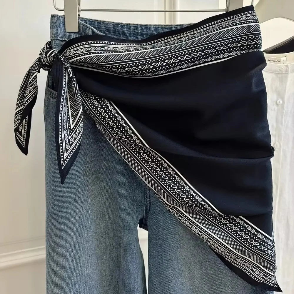 New Multi-functional Polka Dot Triangle Scarf Matching Pants Silk Satin Waist Belt Decorative Headscarf Oasis Select Style2-Black