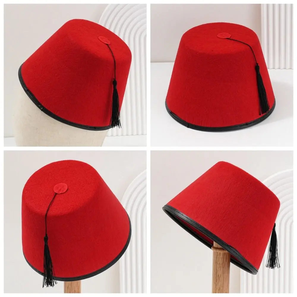 Round Felt Fez Cap Moroccan Hat Breathable Tarboosh Fez Hat Ottoman Red Color Turkish Tassels Cap Role Play Headwear Oasis Select