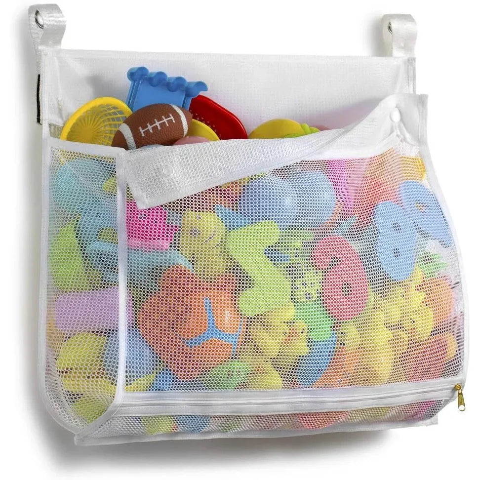 Kids Bath Toy Organizer Hanging Storage Bag with Large Open Top & Zipper-Shower Bathtub Organizer for Toys Toy Storage Packaging Oasis Select WHITE
