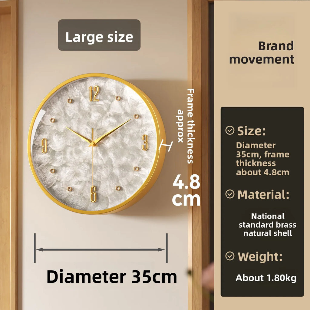 Gold Frame Shiny Dial Wall Clock Modern and Simple Home Decoration Fashionable Living Room Home Clock Decor Oasis Select Real Shell L mute