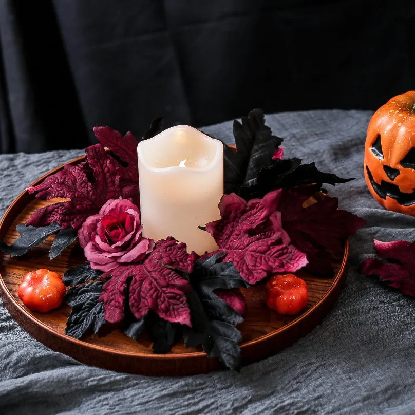 Halloween Artificial Rose Flowers Red&Black Silk Fake Maple Leaves Candlestick Wreath for Home Party Dining Table Candle Holders Oasis Select