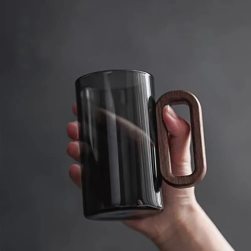 Creative Smoke Gray Wood Handle Single-layer Glass High Borosilicate Pyrex Tea Glass Guest Large Capacity Drinking Cup Oasis Select