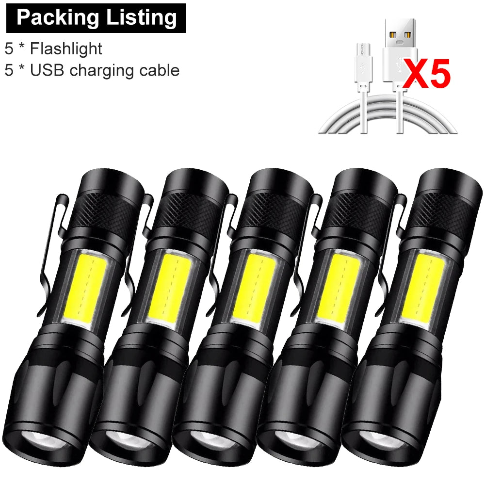 Mini Rechargeable LED Flashlight COB+XPE Portable Torch Camping Lantern Zoomable Focus Light Tactical Flashlight with Pen Clip Oasis Select 5PCS Built in battery