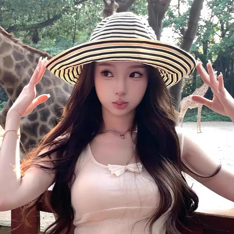 Striped Wide Brim Sun Hat Fisherman Cap Lightweight Summer Sun Hat for Women Color-block Striped Fisherman Hat for Beach Journey Oasis Select
