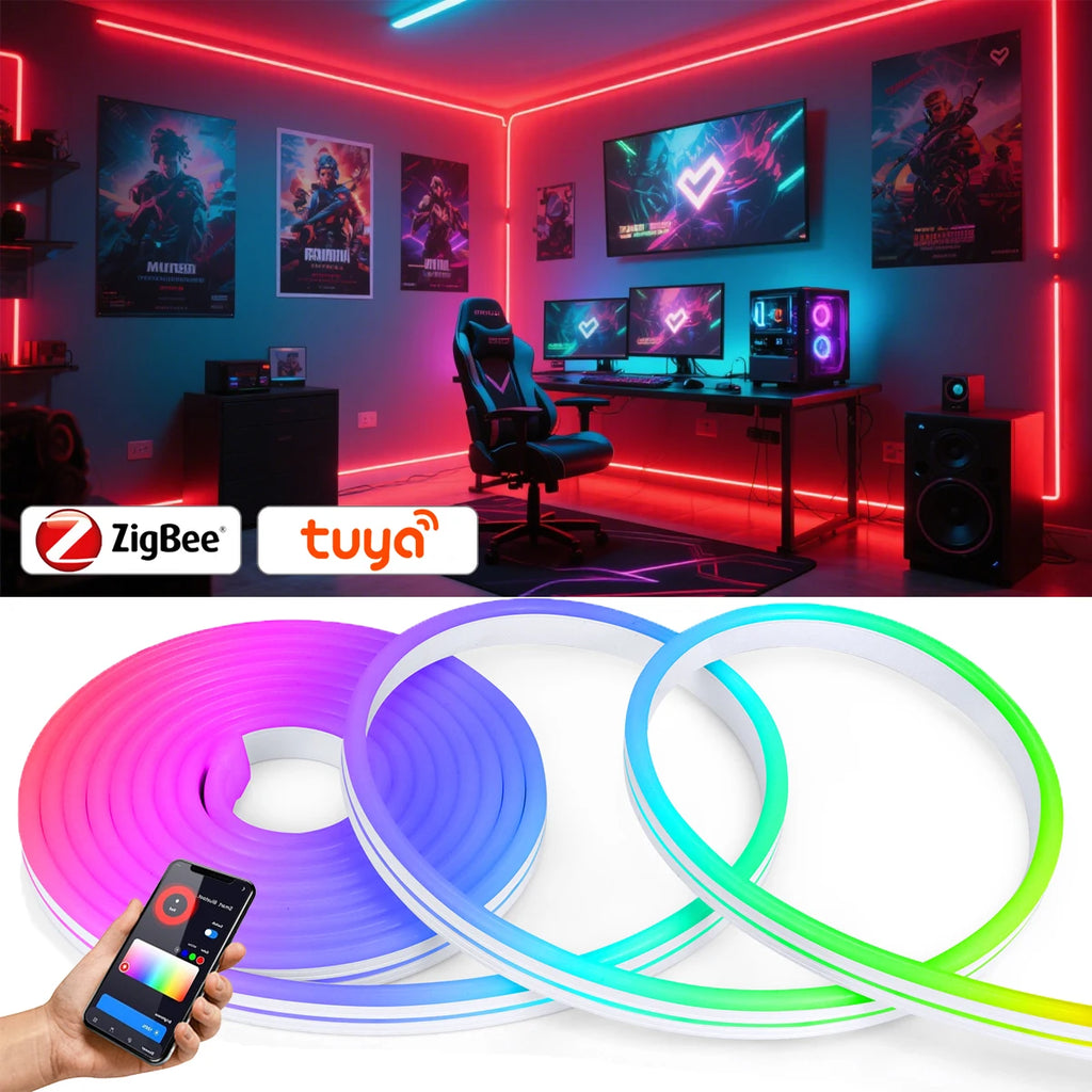 1-5M Zigbee 3.0 RGB Neon LED Strip Lights 12V Tuya Waterproof Dimmable Flexible Tape TV PC Game Room Ambinet Decorative Light Oasis Select