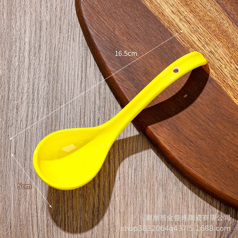 Japanese Underglaze Ceramic Soup Spoon, Everyday Ceramic Soup Spoon Ramen Long-handled Curved Spoon Tableware Oasis Select Yellow