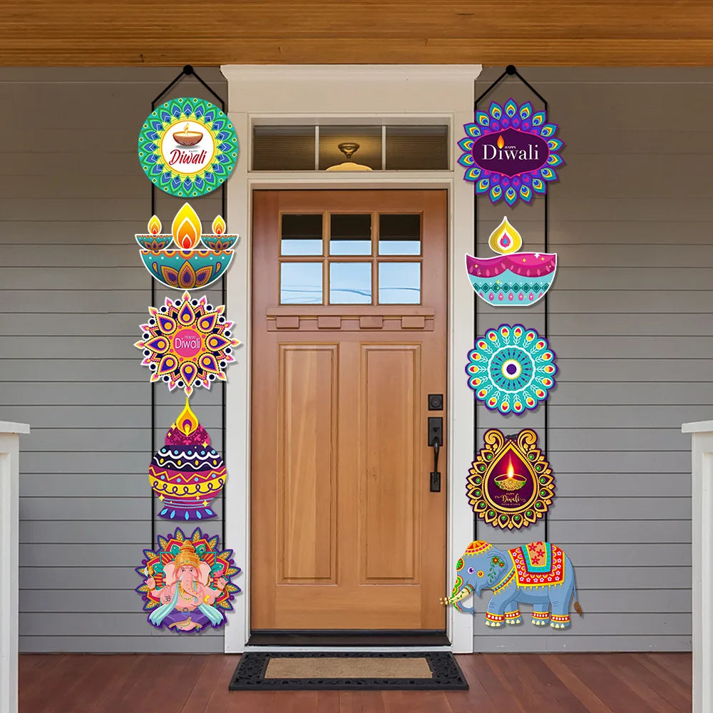 10PCS India Diwali Porch Sign Creative Elephant Couplets Door Hanging India Diwali Party Door Banner Decoration Hanging Flag Oasis Select