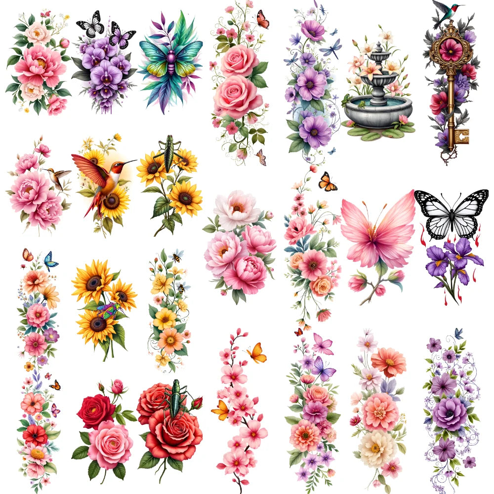 9-Piece Temporary Tattoo Stickers – Butterfly, Floral & Key