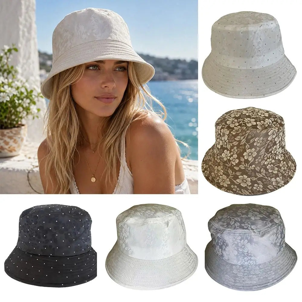 Elegant Floral Print Women Bucket Hat Rhinestone Decor Breathable Floral Print Fisherman Hat Sunscreen Protection Comfortable Oasis Select