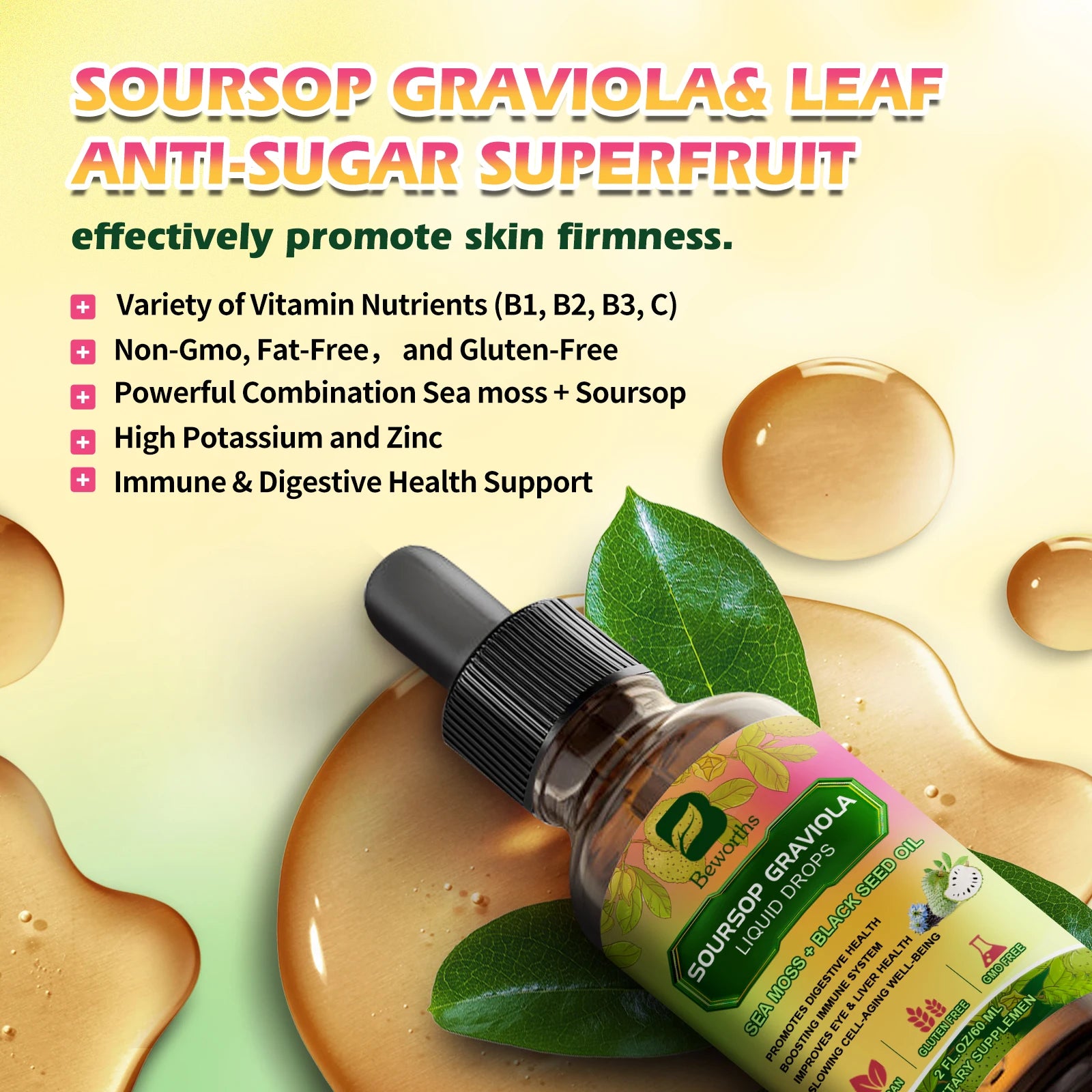 BEWORTHS 60ML Soursop Graviola Extract Drops Black Seed Oil Support Immunity and Kidney Health,Detox,Antioxidation Gluten-Free Oasis Select