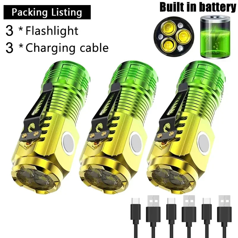 Super Bright Mini 3LED Flashlight With Pen Clip And Tail Magnet,Builtin Battery USB Charge Outdoor Portable Torch Emergency Lamp Oasis Select Green 3PCS