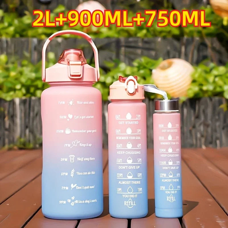 1-3PCS Sports Water Bottle for Running Drinking Bottle 2L Motivational with Time Marker Stickers Portable Reusable Plastic Cups Oasis Select 3pcs-pink blue Select style