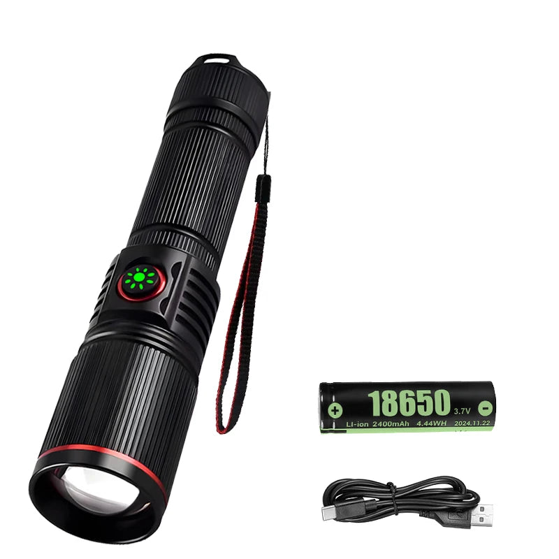 Ultra Bright LED Aluminum Alloy Flashlight USB Rechargeable Telescopic Zoom Torch Outdoor Stepless Dimming Camping Flashlights Oasis Select 1PC with 18650 ZOOM