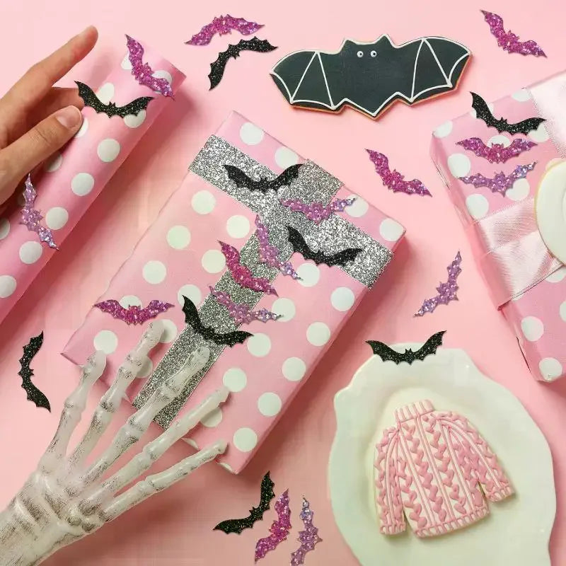 500Pcs/roll Laser Black Bat Waterproof Glitter Self-Adhesive Decals Halloween Bat Stickers For Party Scrap DIY Accessories Oasis Select