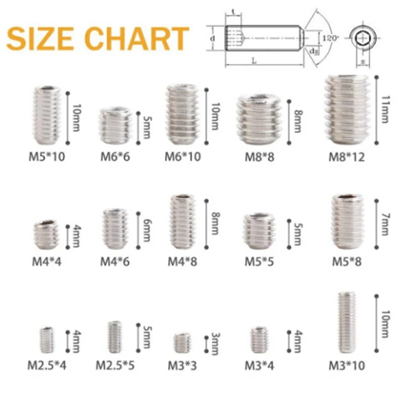 300 Pieces Internal Hex Drive Cup-Point Screws Set 304 Stainless Steel Grub Screw M2.5-M8 Oasis Select