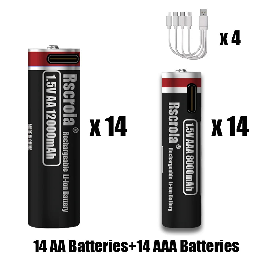 1.5V Rechargeable Li-ion Battery AA 12000mAh/AAA 8000mAh Type-C Fast Charge High Capacity， Cameras/Mouse/Xbox Controllers/Toys Oasis Select 1.5V 14AA 14AAA