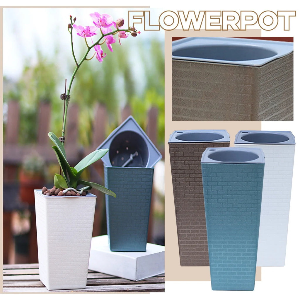 Large Flowerpot Imitation Metal Plastic Tall Planter Garden Accessories Brick Pattern Square Flower Pots With Inlet Watering Oasis Select