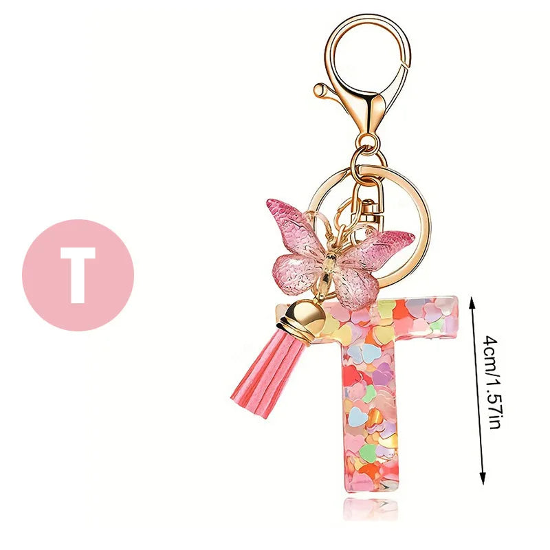 1pc Pink Glitter Letter Keychain with Heart Butterfly Tassel Crystal Resin Charm Fashion Accessory Gift for Women & Girls Oasis Select T