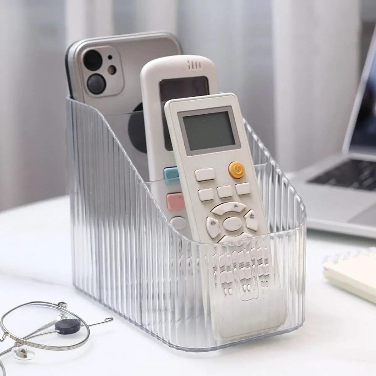 1pc Transparent Desktop Storage Box for Home Use, with Compartments, Remote Control, Makeup Brush Organizer Oasis Select