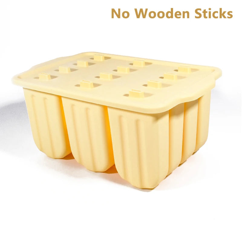 12-Cavity Silicone Ice Cream Mold Set with Lid Easy Release Kitchen Tray for Homemade Desserts Compatible with Refrigerator Oasis Select Yellow