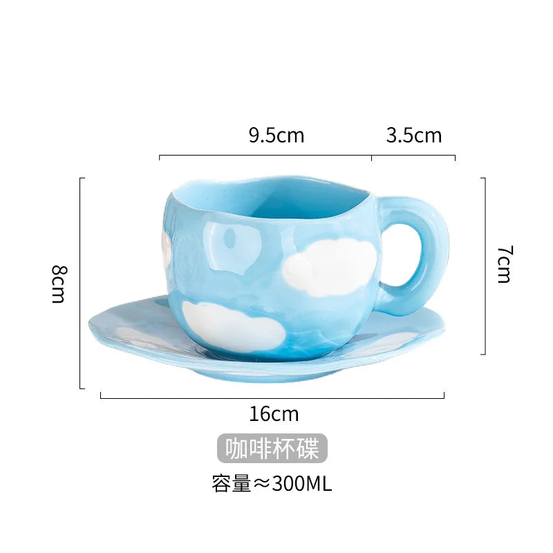 Ceramic Mugs & Saucers Set Coffee Cups Hand Pinched Irregular Flower Milk Tea Cup Ins Style Oatmeal Breakfast Mug Drinkware Oasis Select Clouds-set 301-400ml