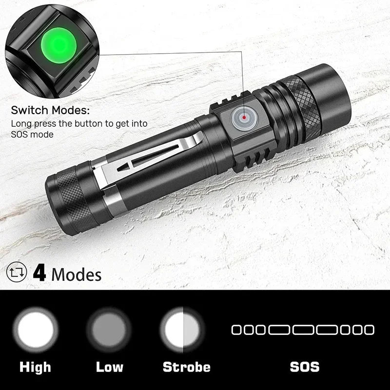 High Power Led Flashlights Zoomable Camping Torch With T6 LED Lamp Beads Waterproof 4 Lighting Modes Multi Function USB Charger Oasis Select