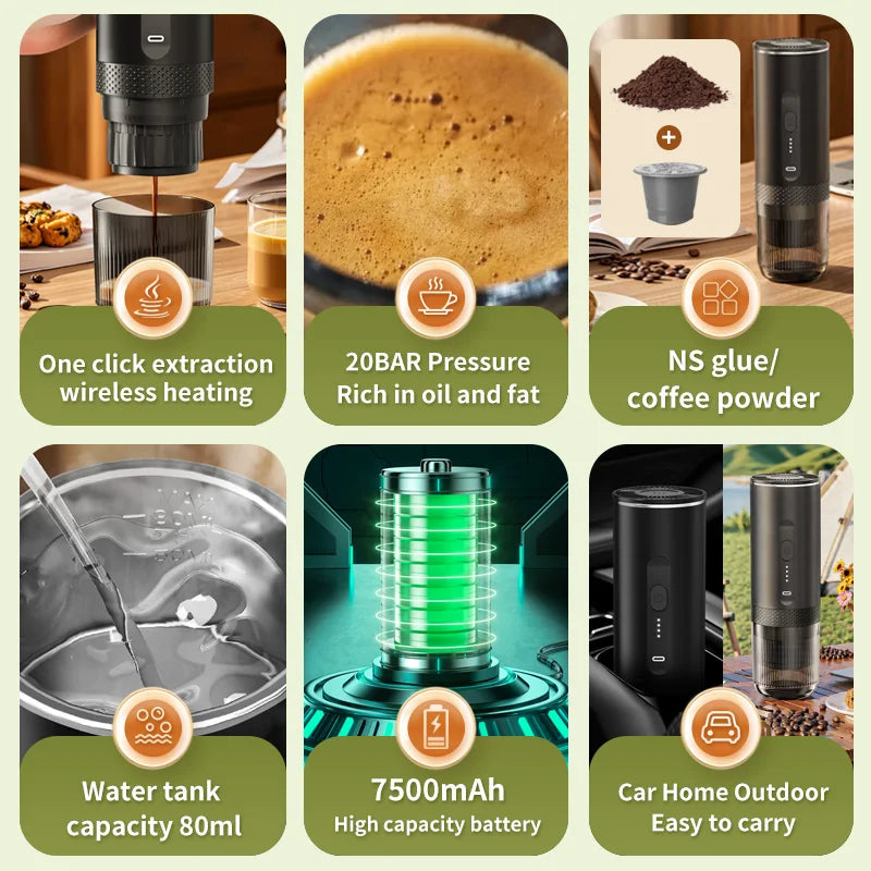 Wireless Electric Espresso Coffee Machine for Car & Home Camping Portable Coffee Maker 2-in-1 Capsule Powder Travel Coffee Maker Oasis Select