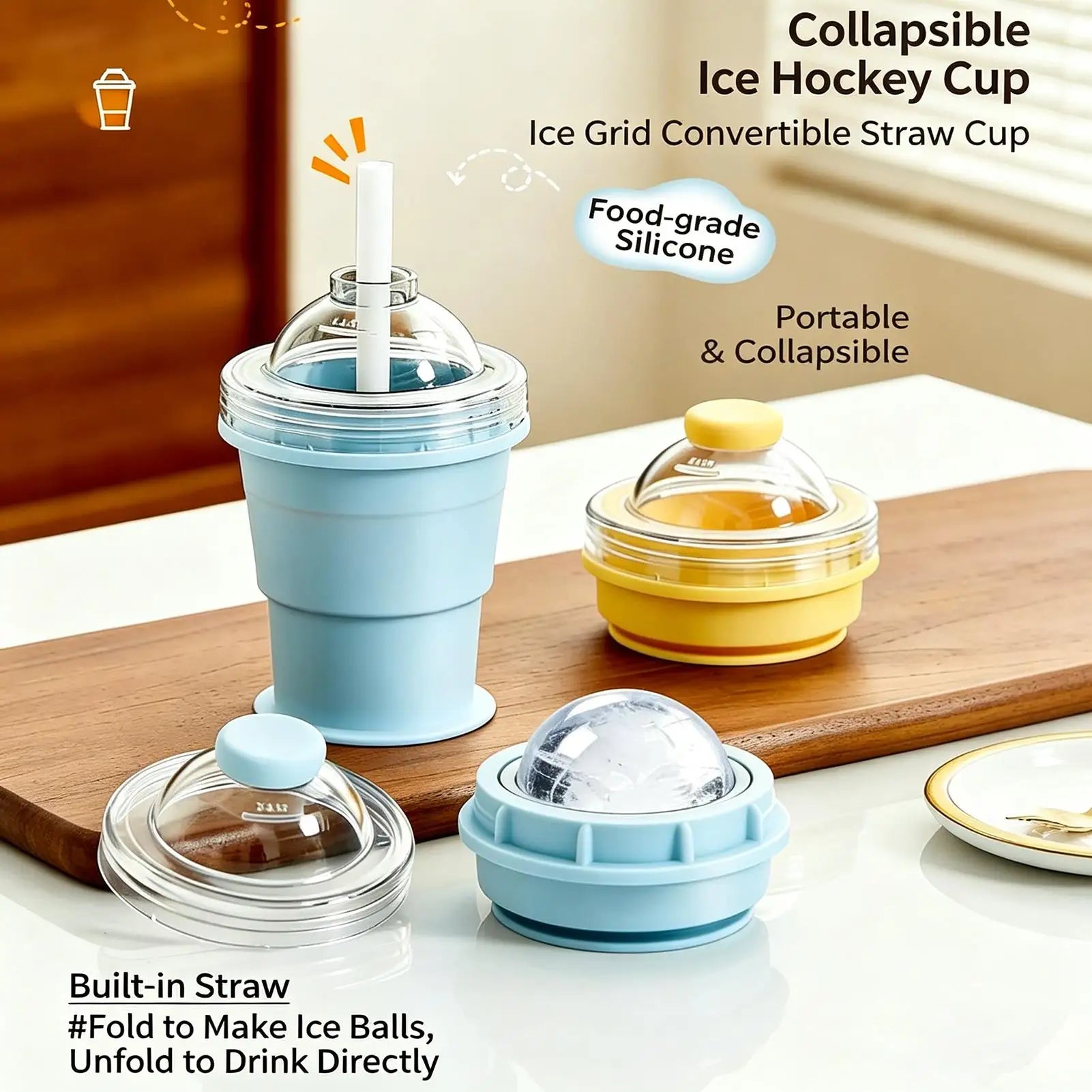 Ice Ball Cup 2-in-1 Foldable Silicone Ice Ball Cup Reusable Portable Ice Sphere Mold with Straw Lid for Coffee Juice Drinks Oasis Select